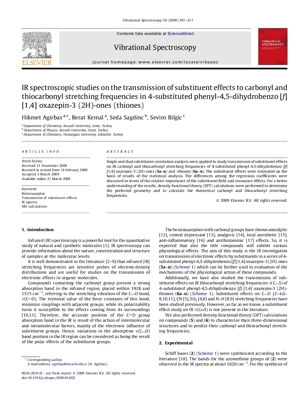 IR spectroscopic studies on the transmission of substituent effects to carbonyl and thiocarbonyl stretching frequencies in 4-substituted phenyl-4,5-dihydrobenzo [f] [1,4] oxazepin-3 (2H)-ones (thiones)