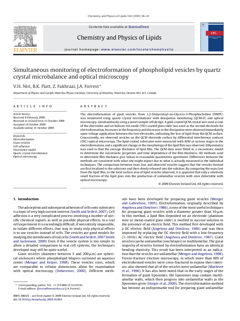 Simultaneous monitoring of electroformation of phospholipid vesicles by quartz crystal microbalance and optical microscopy