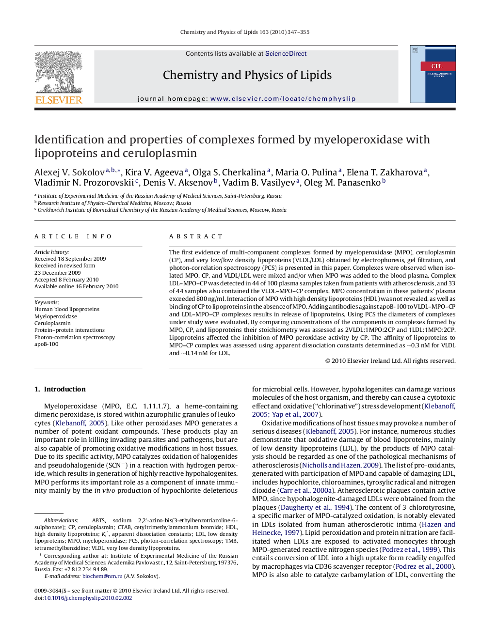 Identification and properties of complexes formed by myeloperoxidase with lipoproteins and ceruloplasmin