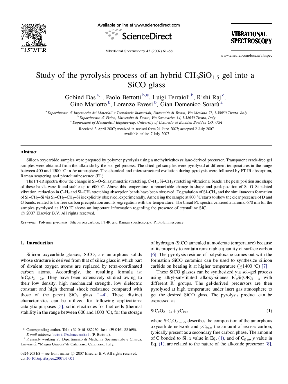 Study of the pyrolysis process of an hybrid CH3SiO1.5 gel into a SiCO glass