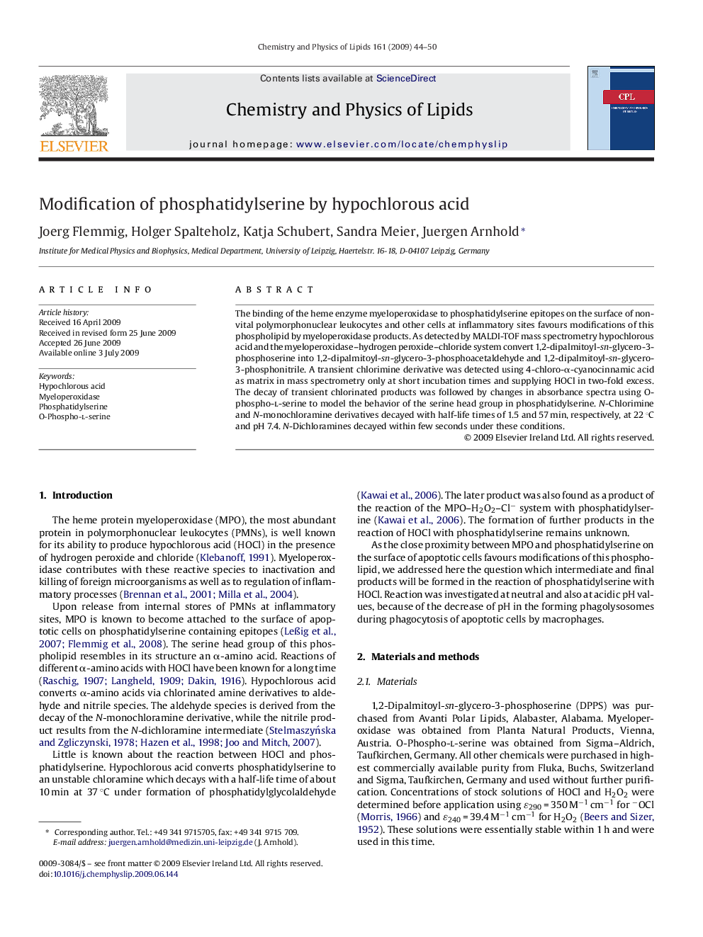 Modification of phosphatidylserine by hypochlorous acid