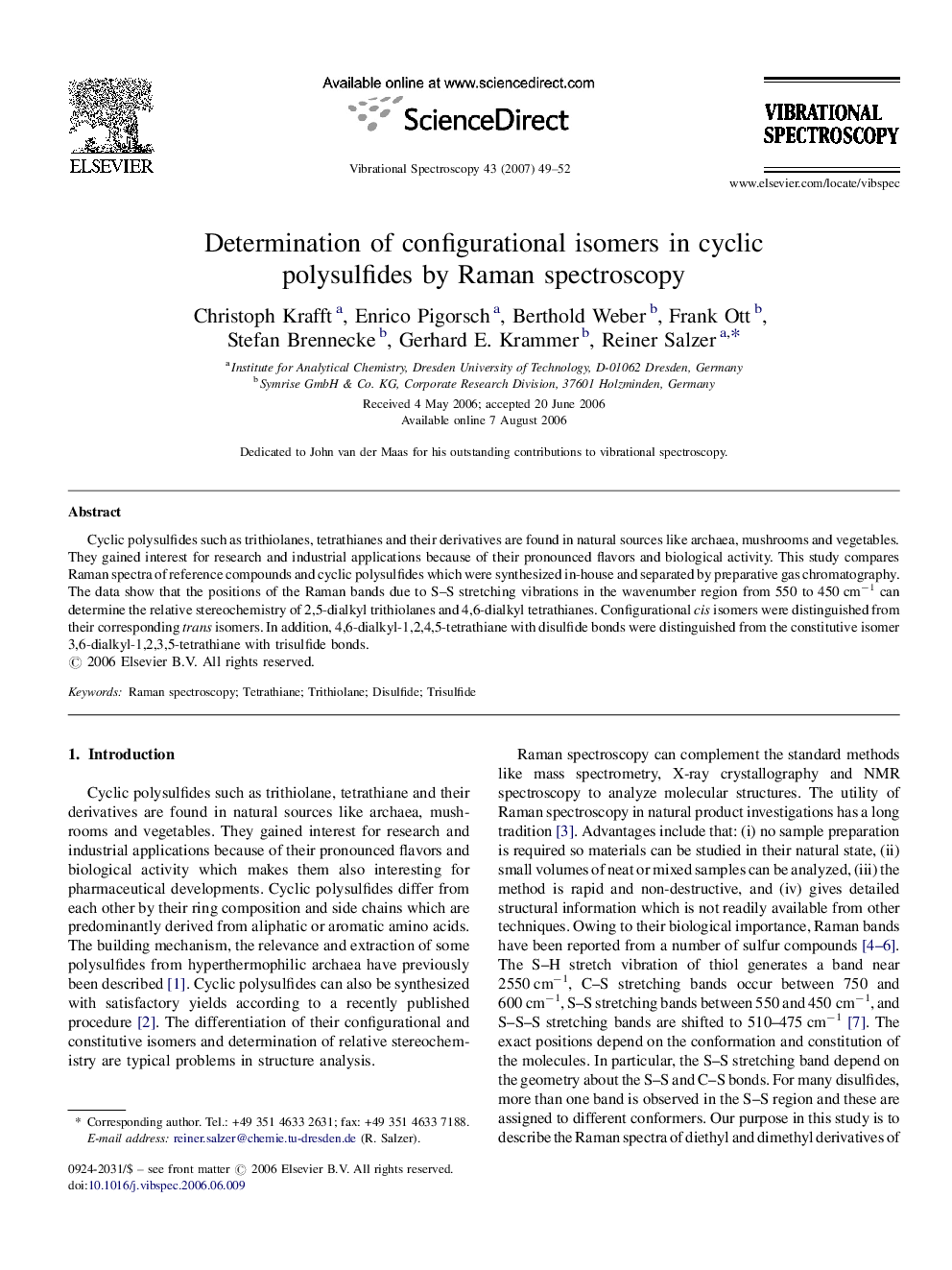 Determination of configurational isomers in cyclic polysulfides by Raman spectroscopy