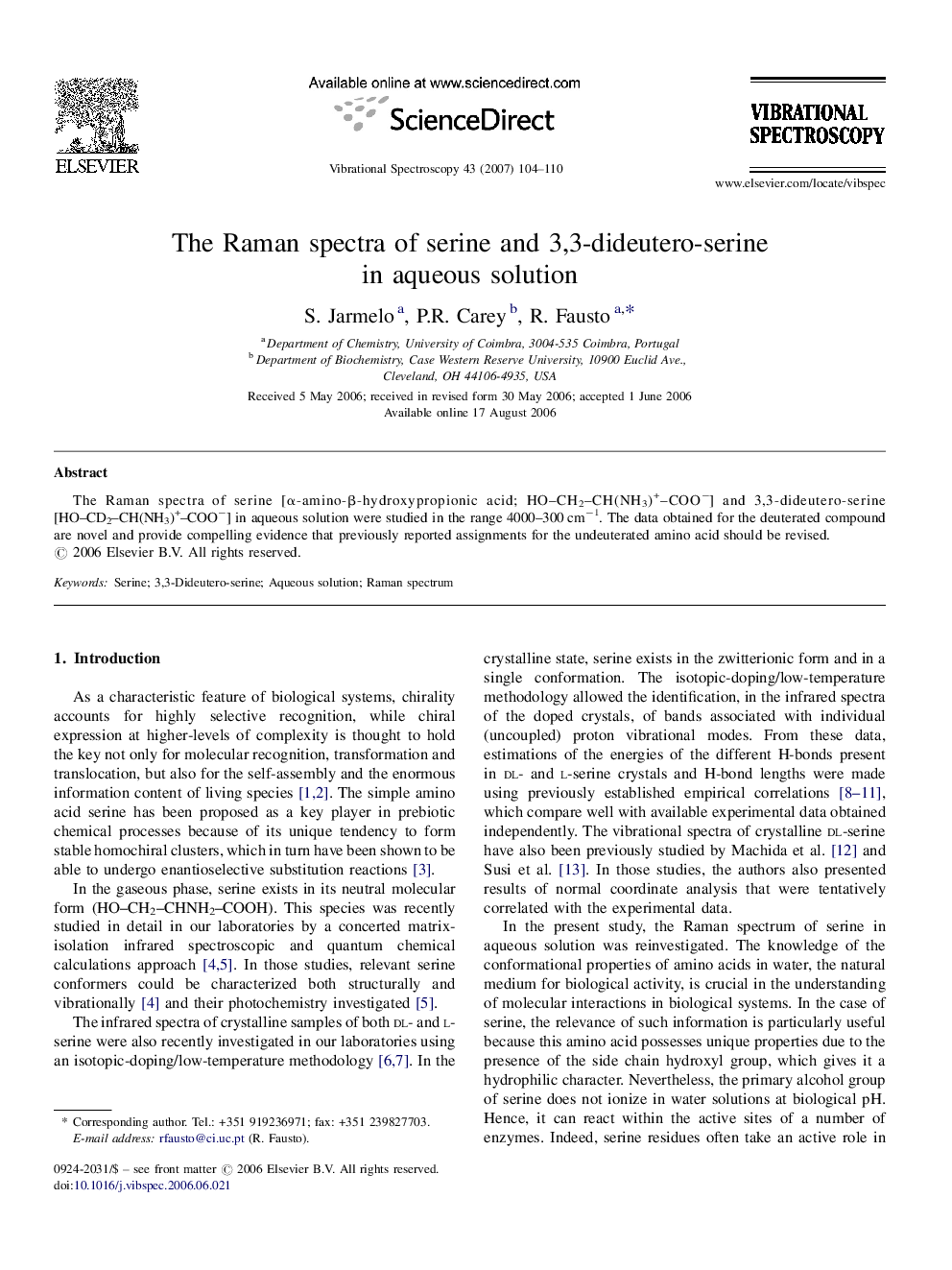 The Raman spectra of serine and 3,3-dideutero-serine in aqueous solution