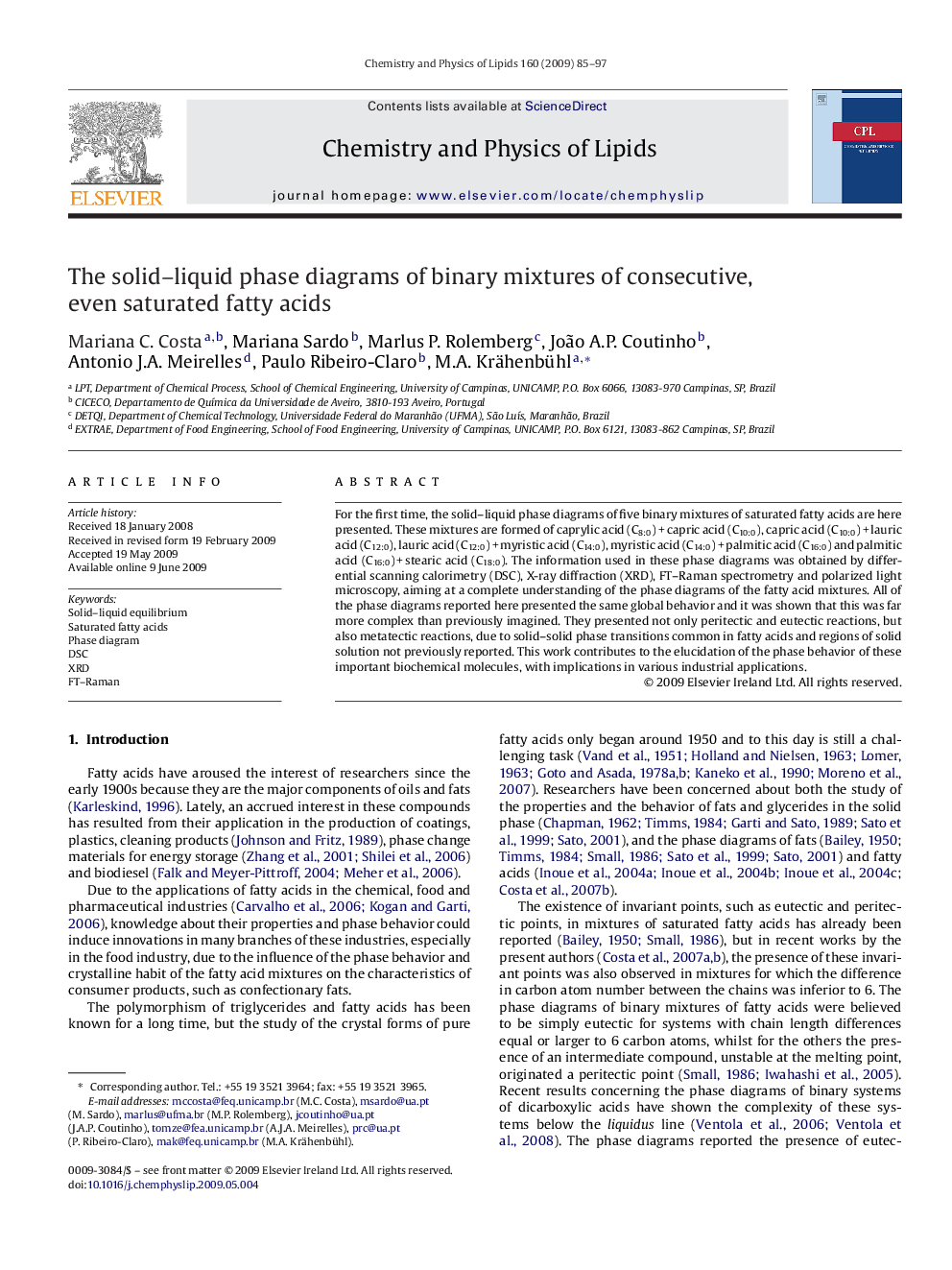 The solid–liquid phase diagrams of binary mixtures of consecutive, even saturated fatty acids