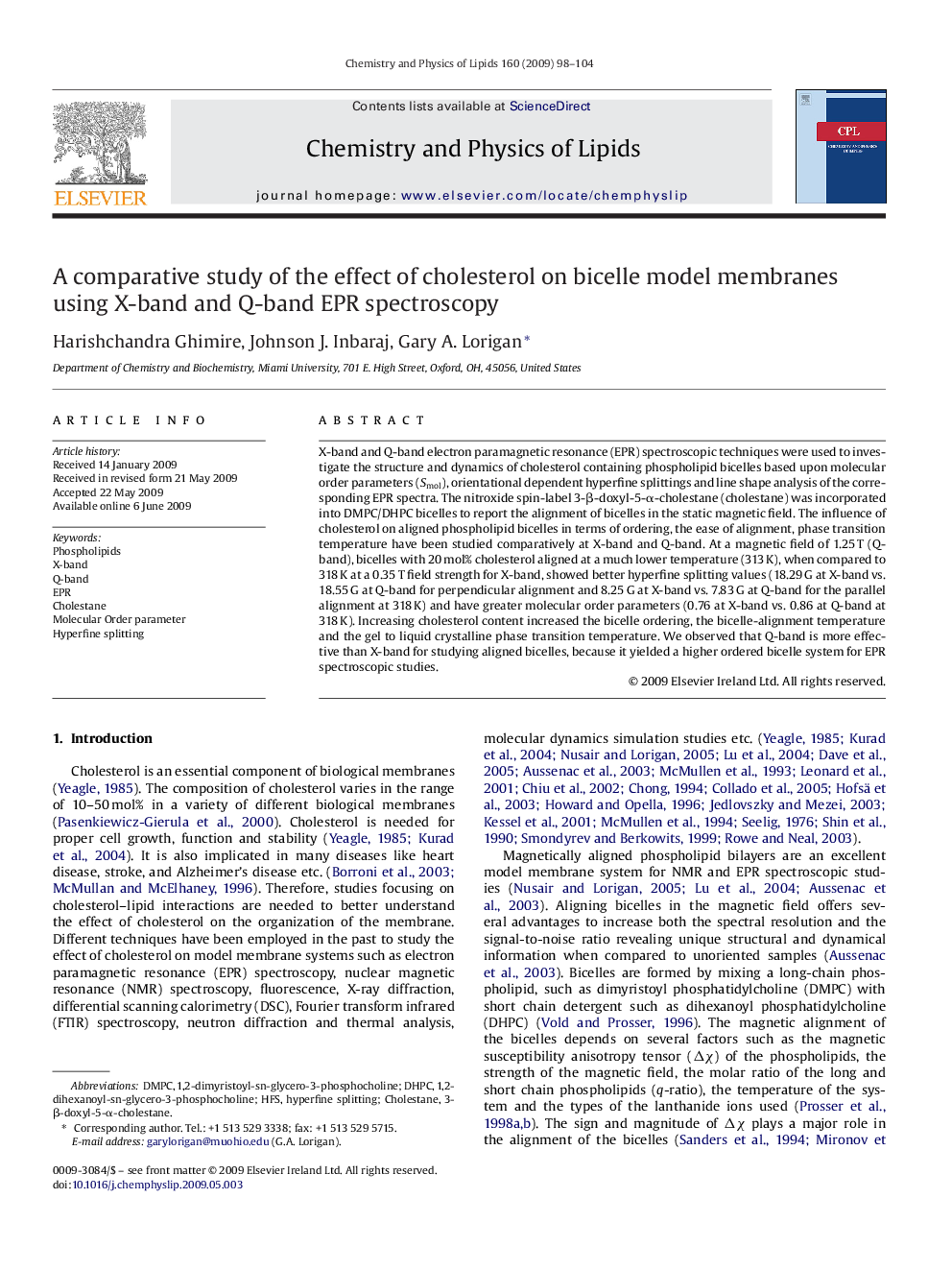 A comparative study of the effect of cholesterol on bicelle model membranes using X-band and Q-band EPR spectroscopy