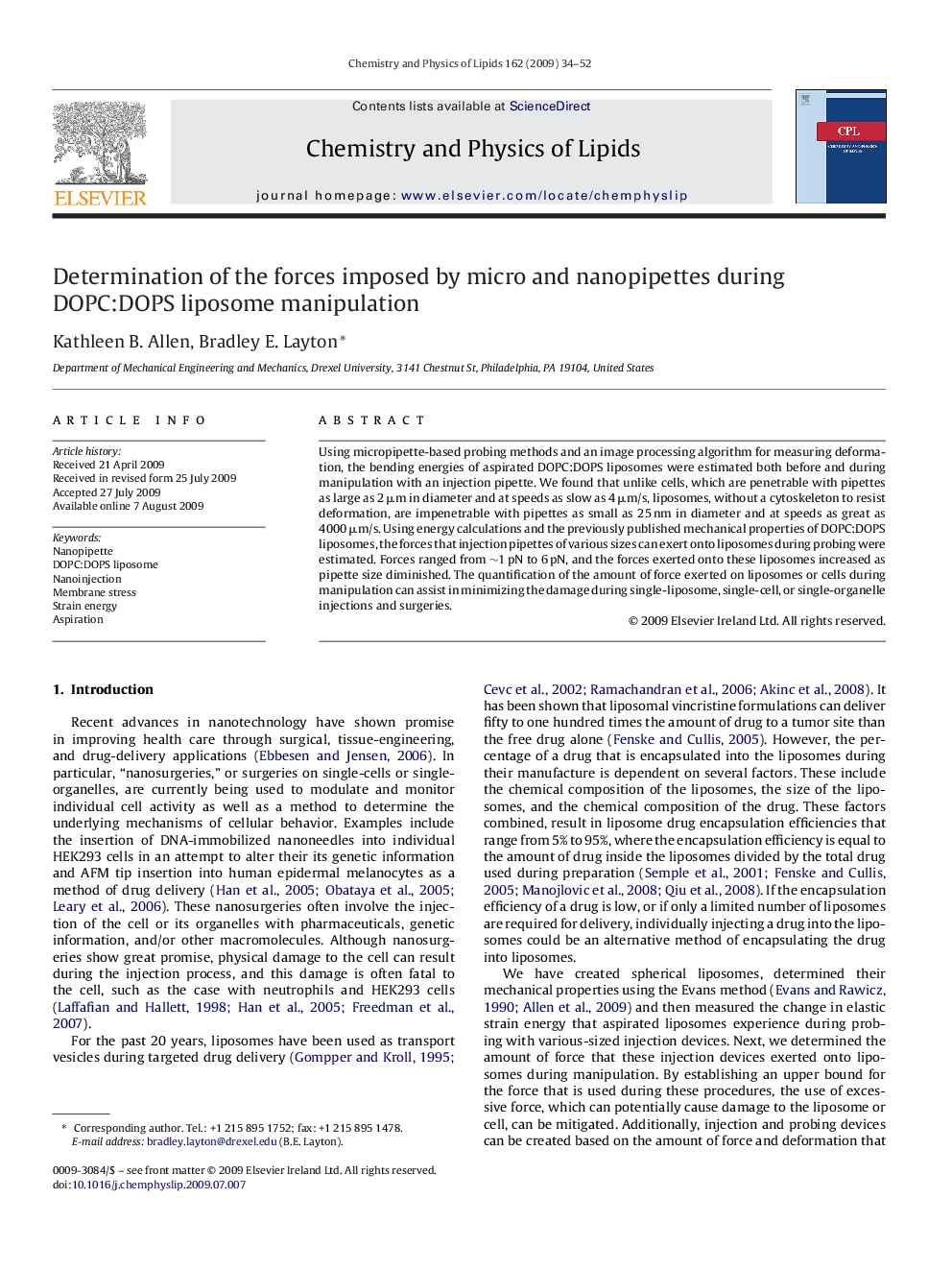 Determination of the forces imposed by micro and nanopipettes during DOPC:DOPS liposome manipulation