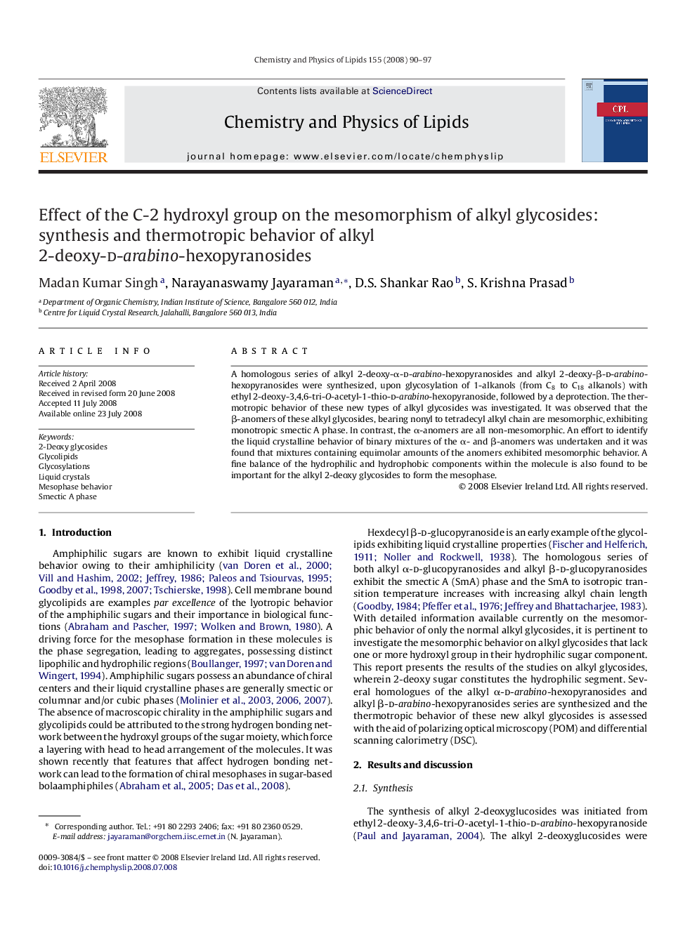 Effect of the C-2 hydroxyl group on the mesomorphism of alkyl glycosides: synthesis and thermotropic behavior of alkyl 2-deoxy-d-arabino-hexopyranosides