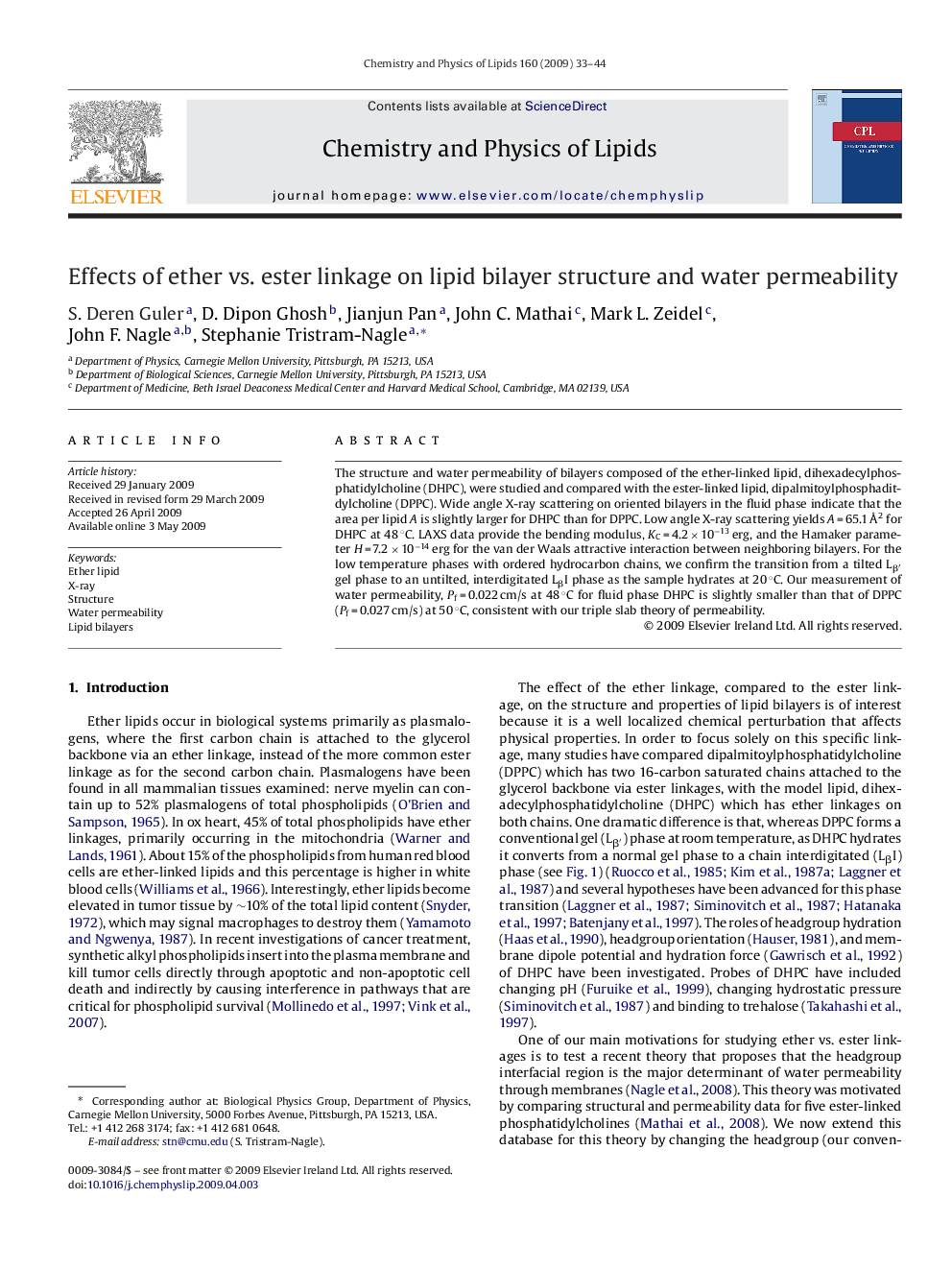 Effects of ether vs. ester linkage on lipid bilayer structure and water permeability