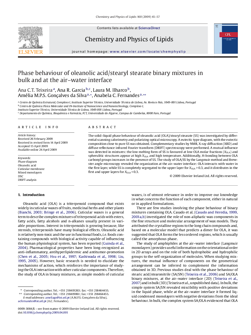 Phase behaviour of oleanolic acid/stearyl stearate binary mixtures in bulk and at the air–water interface