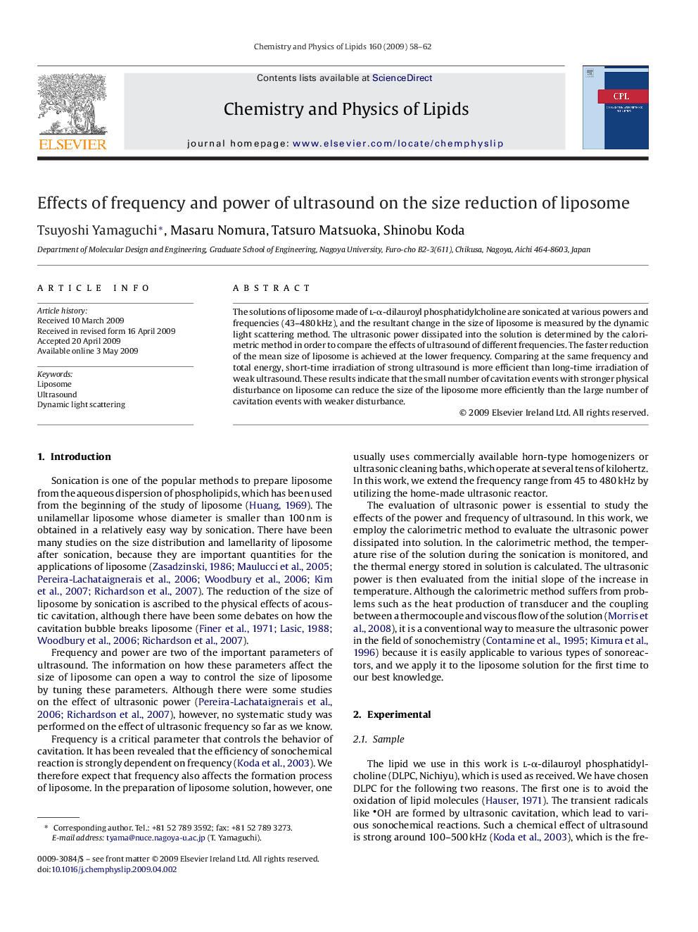 Effects of frequency and power of ultrasound on the size reduction of liposome