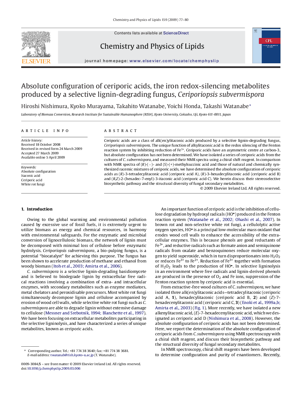 Absolute configuration of ceriporic acids, the iron redox-silencing metabolites produced by a selective lignin-degrading fungus, Ceriporiopsis subvermispora