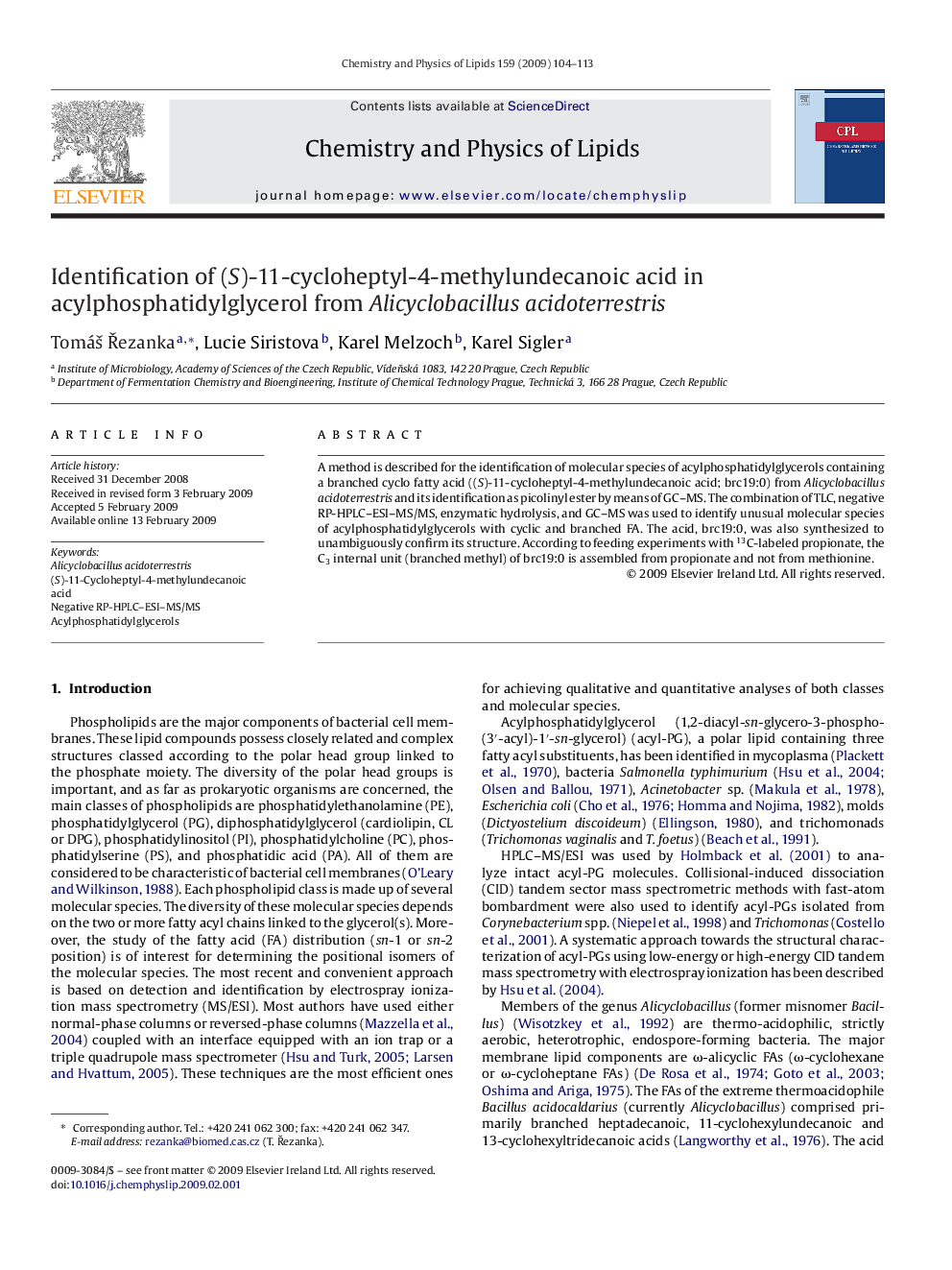 Identification of (S)-11-cycloheptyl-4-methylundecanoic acid in acylphosphatidylglycerol from Alicyclobacillus acidoterrestris
