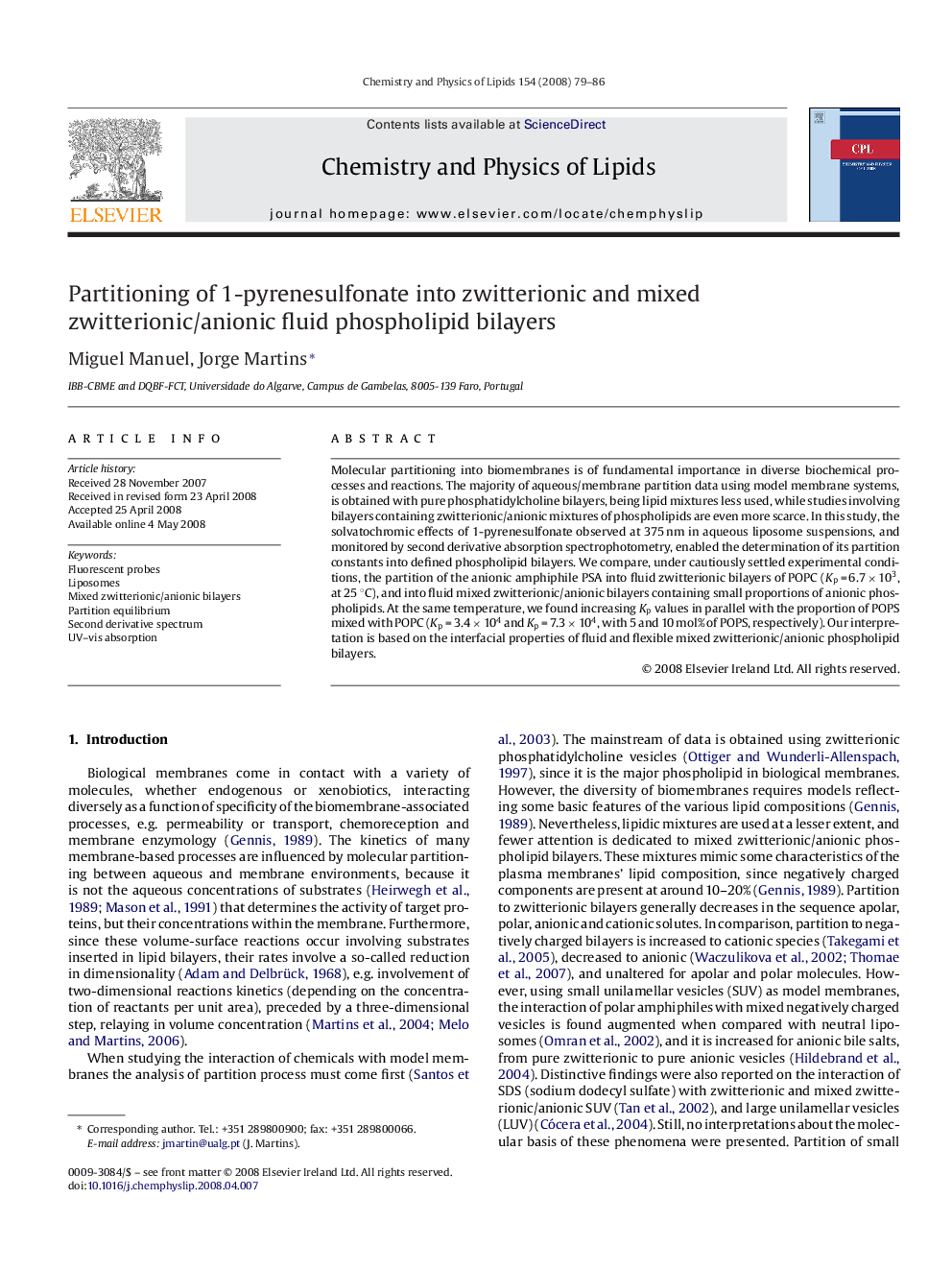 Partitioning of 1-pyrenesulfonate into zwitterionic and mixed zwitterionic/anionic fluid phospholipid bilayers