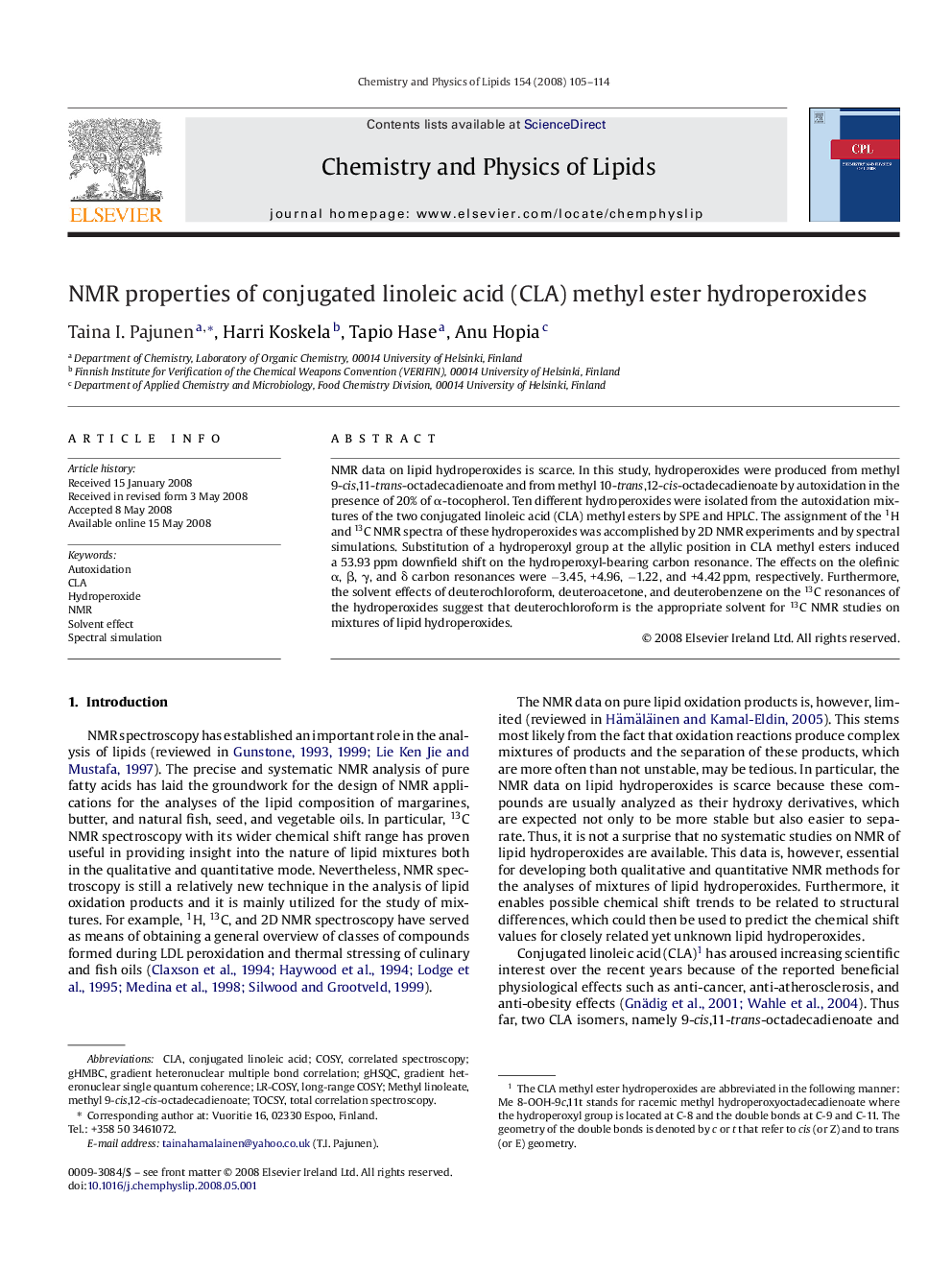 NMR properties of conjugated linoleic acid (CLA) methyl ester hydroperoxides