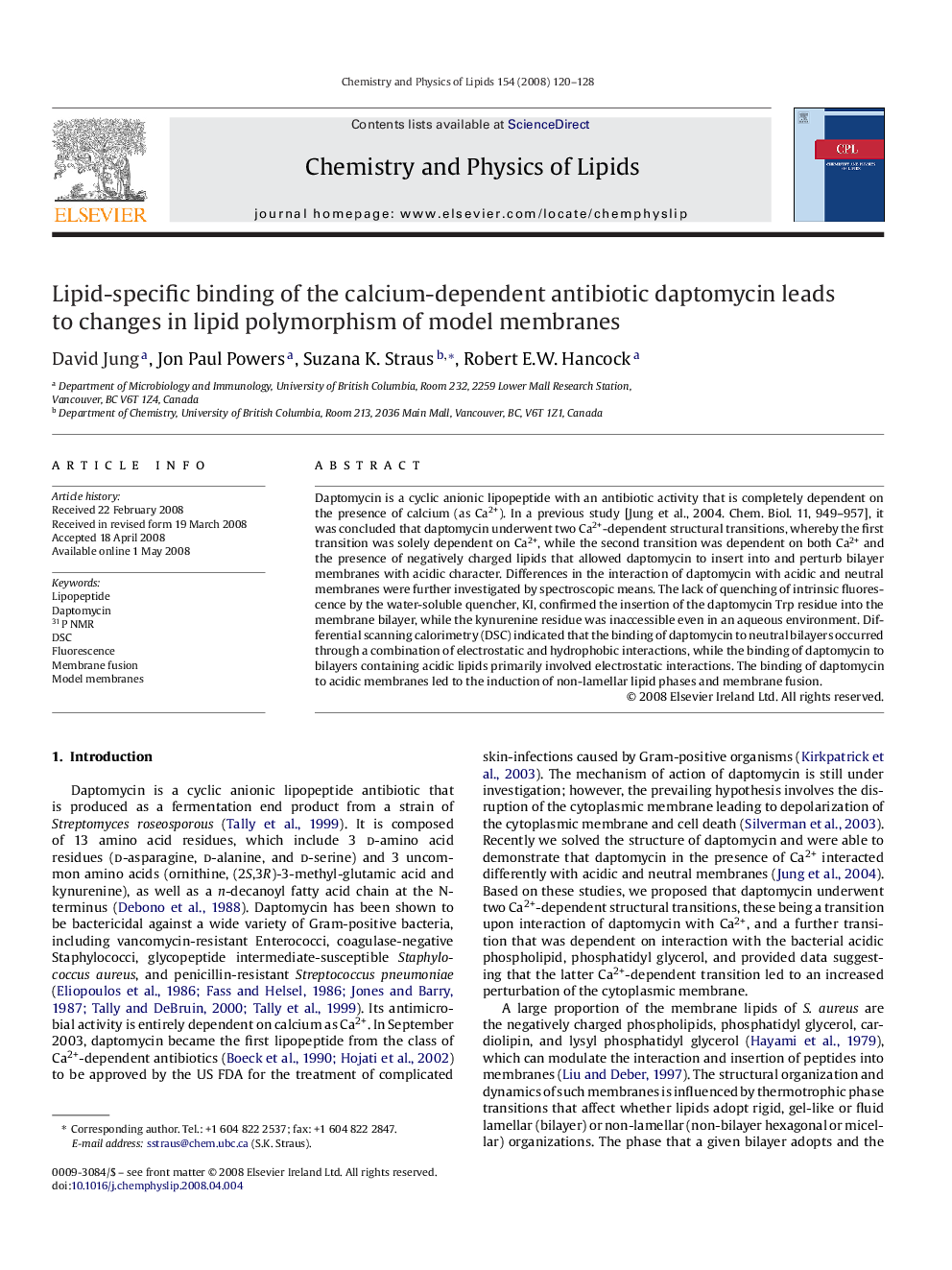 Lipid-specific binding of the calcium-dependent antibiotic daptomycin leads to changes in lipid polymorphism of model membranes