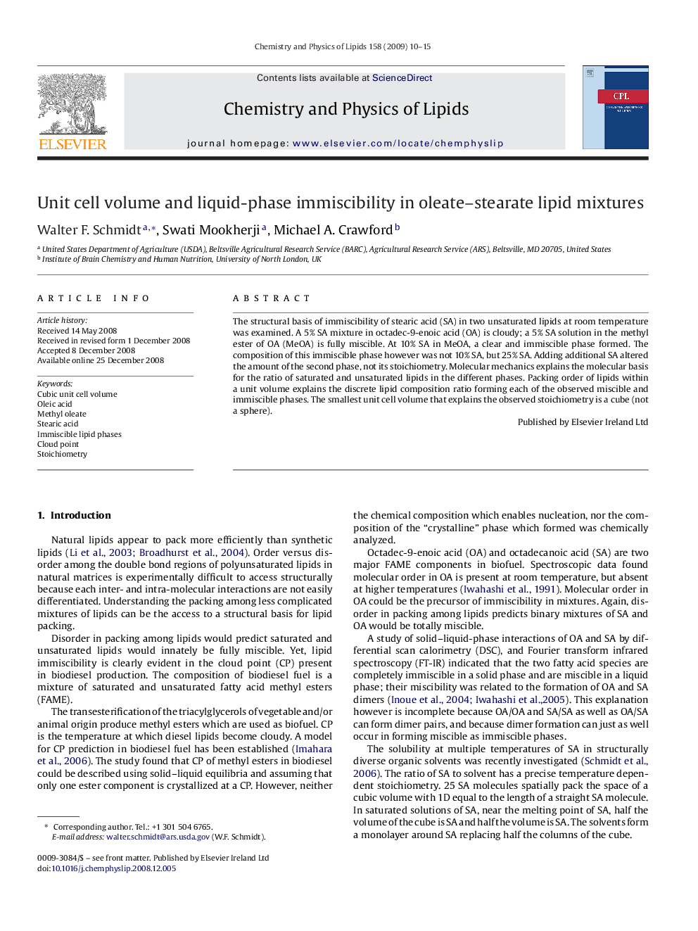 Unit cell volume and liquid-phase immiscibility in oleate–stearate lipid mixtures