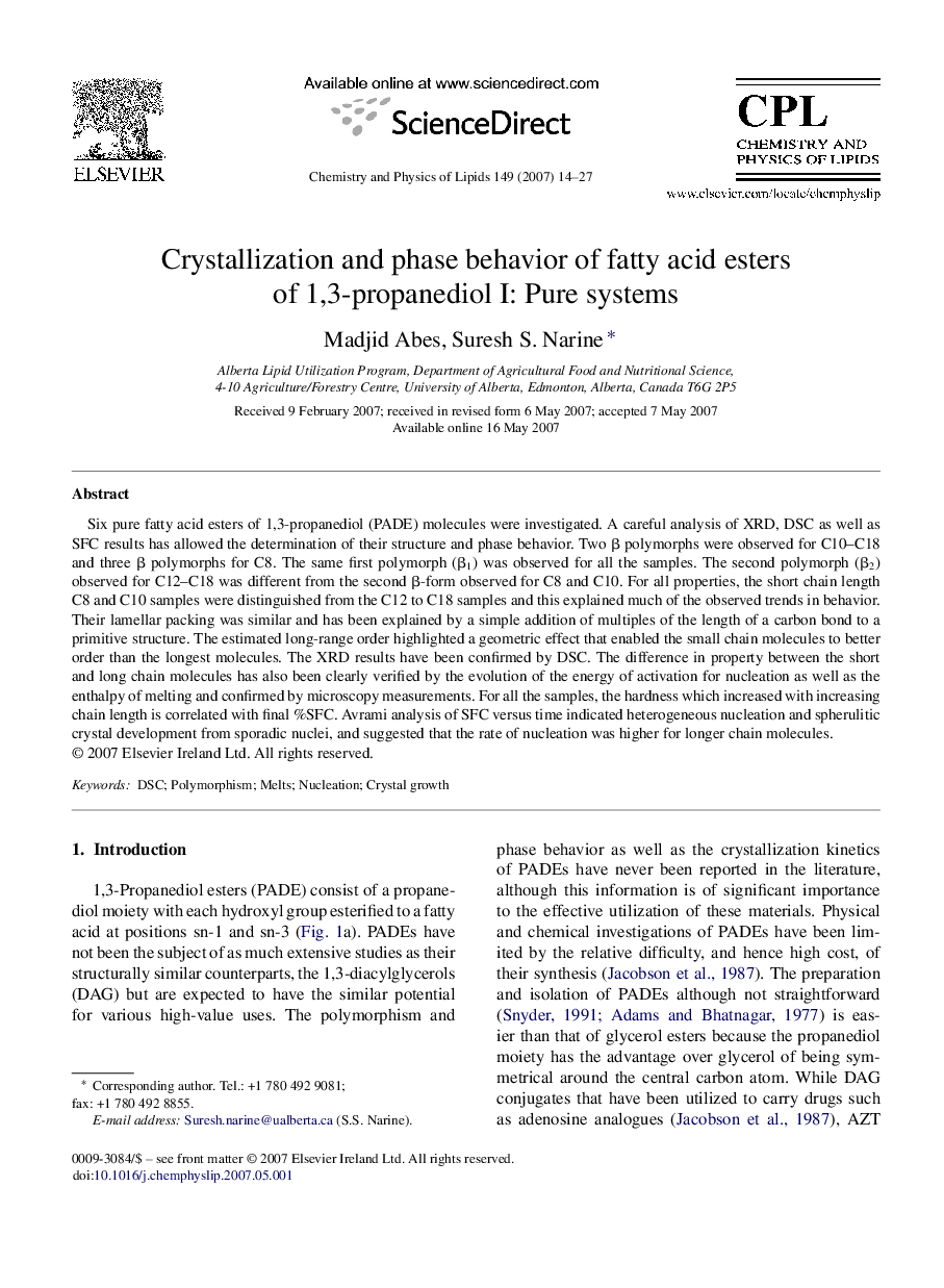 Crystallization and phase behavior of fatty acid esters of 1,3-propanediol