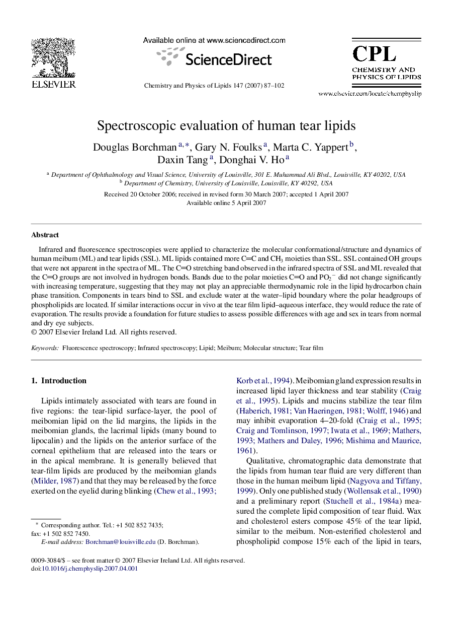 Spectroscopic evaluation of human tear lipids