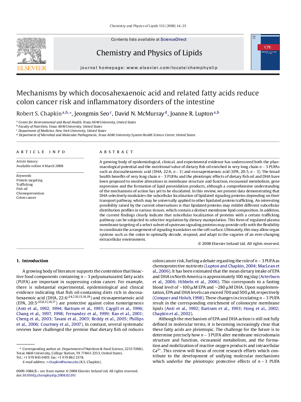 Mechanisms by which docosahexaenoic acid and related fatty acids reduce colon cancer risk and inflammatory disorders of the intestine