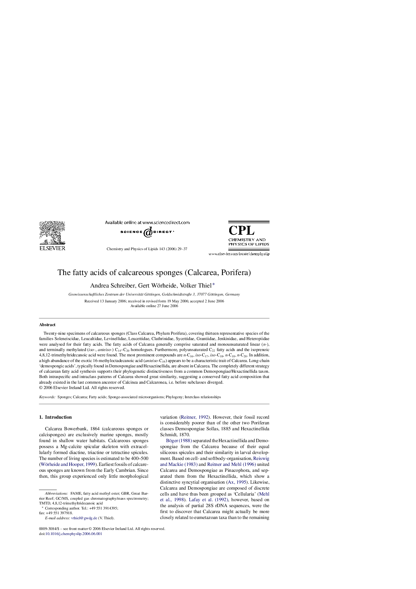 The fatty acids of calcareous sponges (Calcarea, Porifera)