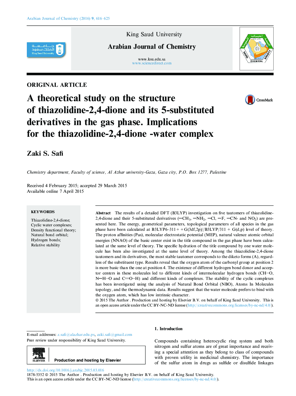 یک مطالعه نظری بر ساختار تیازولیدین-2،4-دیون و مشتقات 5-جایگزین آن در فاز گاز. اثرات جانبی برای تیتازولیدین-2،4-دیون-آب مجتمع 