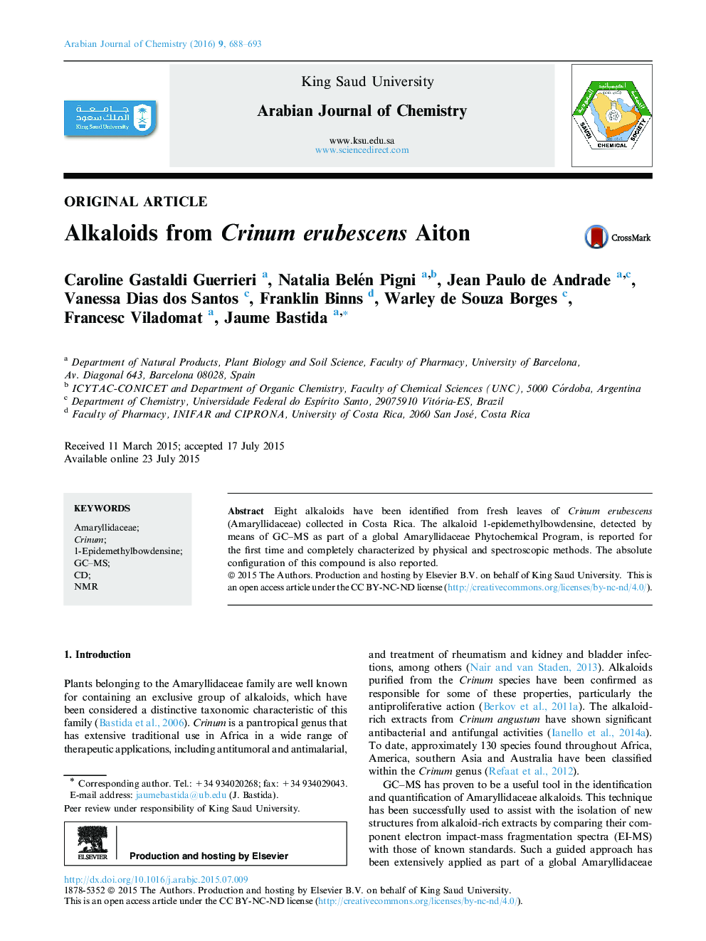 Alkaloids from Crinum erubescens Aiton 