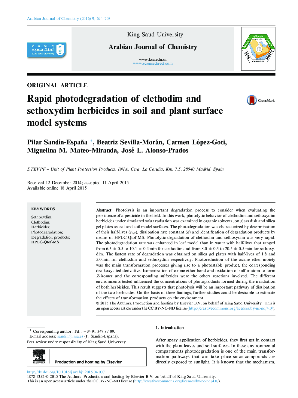 Rapid photodegradation of clethodim and sethoxydim herbicides in soil and plant surface model systems 