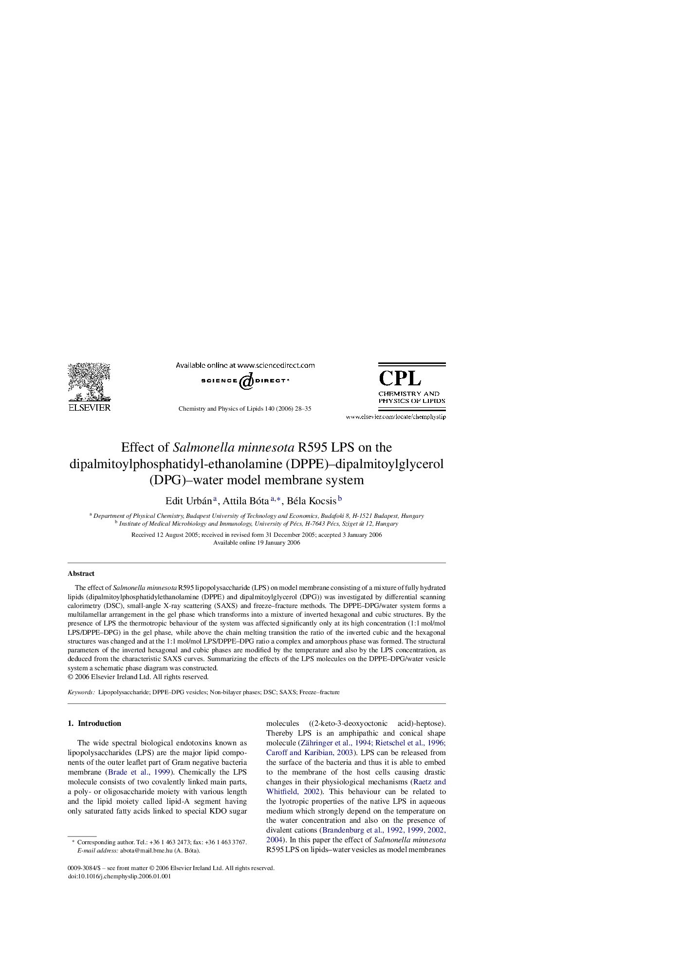 Effect of Salmonella minnesota R595 LPS on the dipalmitoylphosphatidyl-ethanolamine (DPPE)–dipalmitoylglycerol (DPG)–water model membrane system