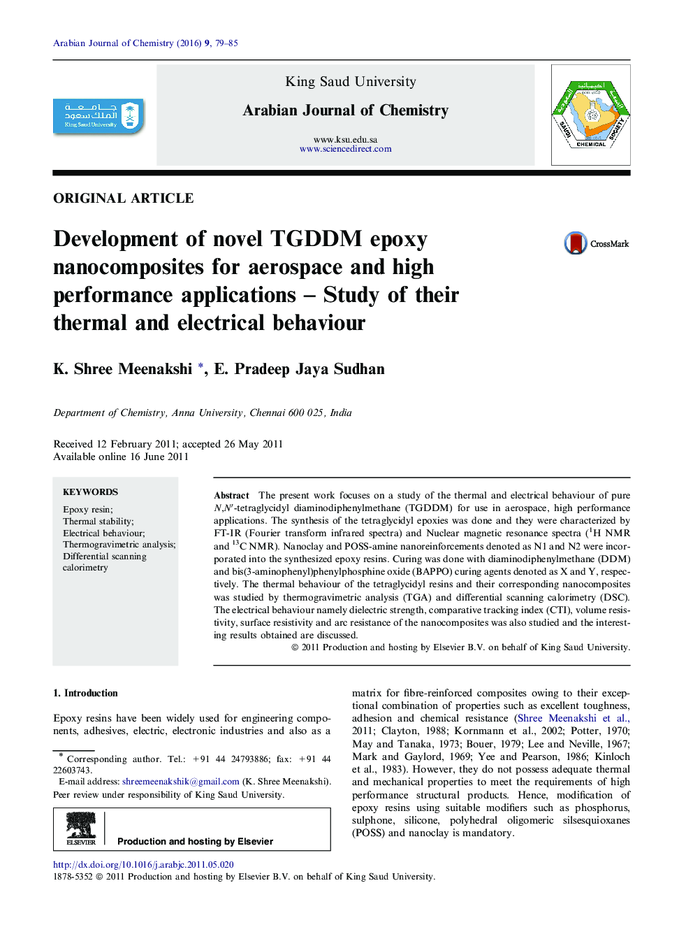 Development of novel TGDDM epoxy nanocomposites for aerospace and high performance applications – Study of their thermal and electrical behaviour 