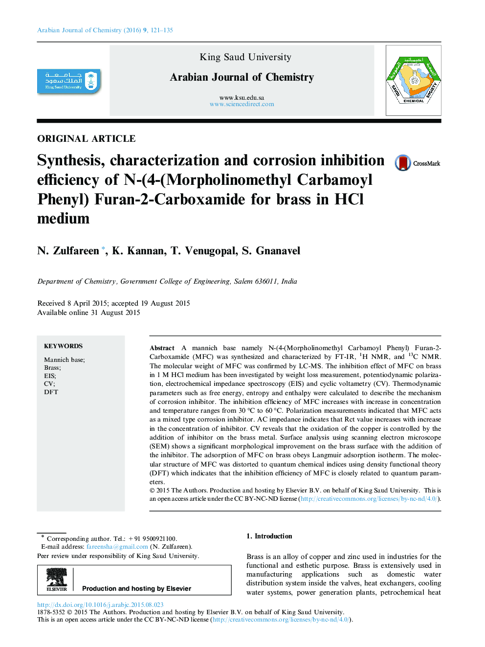 Synthesis, characterization and corrosion inhibition efficiency of N-(4-(Morpholinomethyl Carbamoyl Phenyl) Furan-2-Carboxamide for brass in HCl medium 