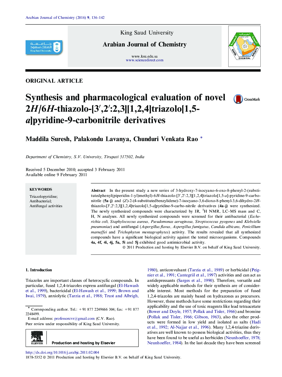 Synthesis and pharmacological evaluation of novel 2H/6H-thiazolo-[3′,2′:2,3][1,2,4]triazolo[1,5-a]pyridine-9-carbonitrile derivatives 