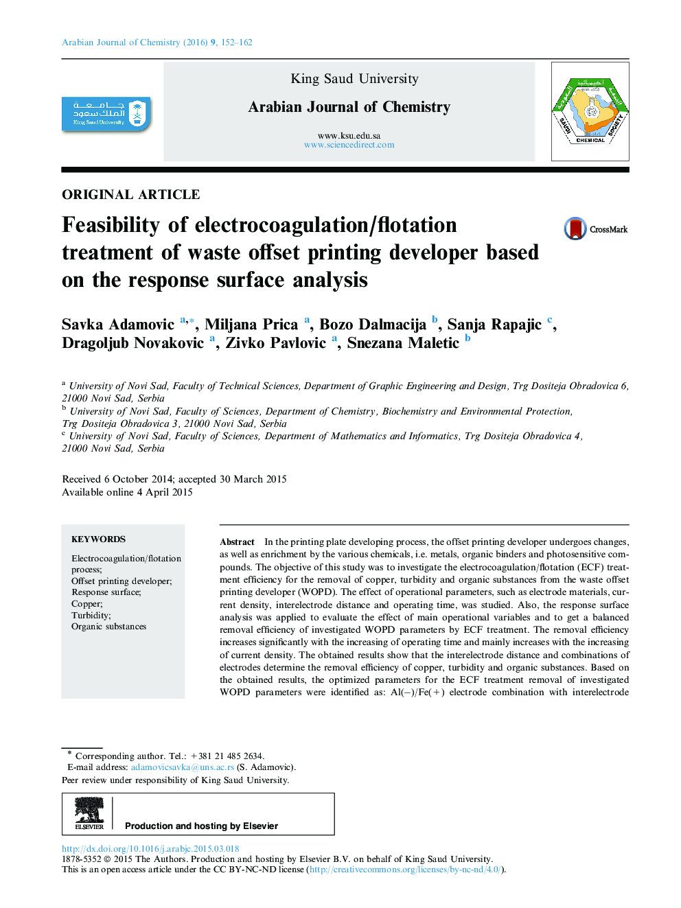 Feasibility of electrocoagulation/flotation treatment of waste offset printing developer based on the response surface analysis 