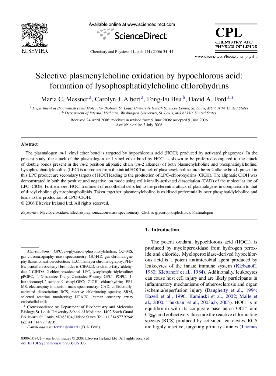 Selective plasmenylcholine oxidation by hypochlorous acid: formation of lysophosphatidylcholine chlorohydrins