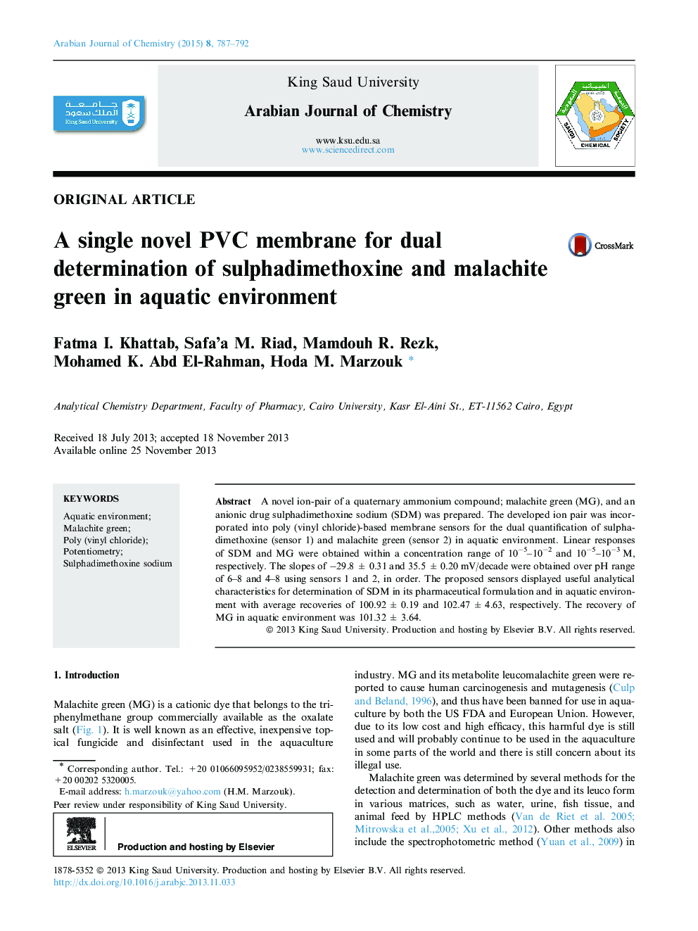 A single novel PVC membrane for dual determination of sulphadimethoxine and malachite green in aquatic environment 