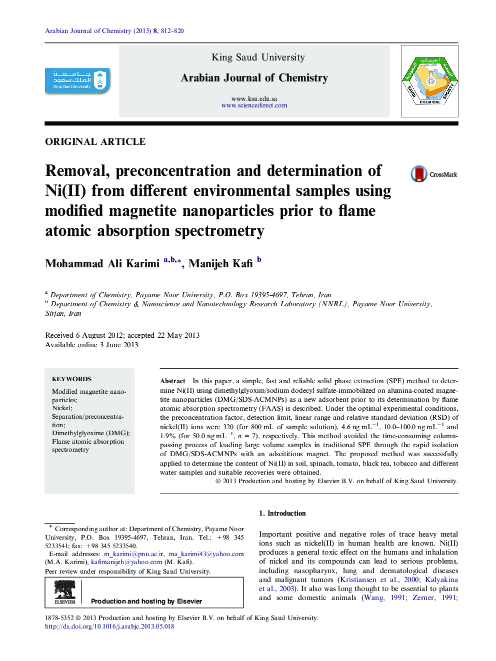 Removal, preconcentration and determination of Ni(II) from different environmental samples using modified magnetite nanoparticles prior to flame atomic absorption spectrometry 