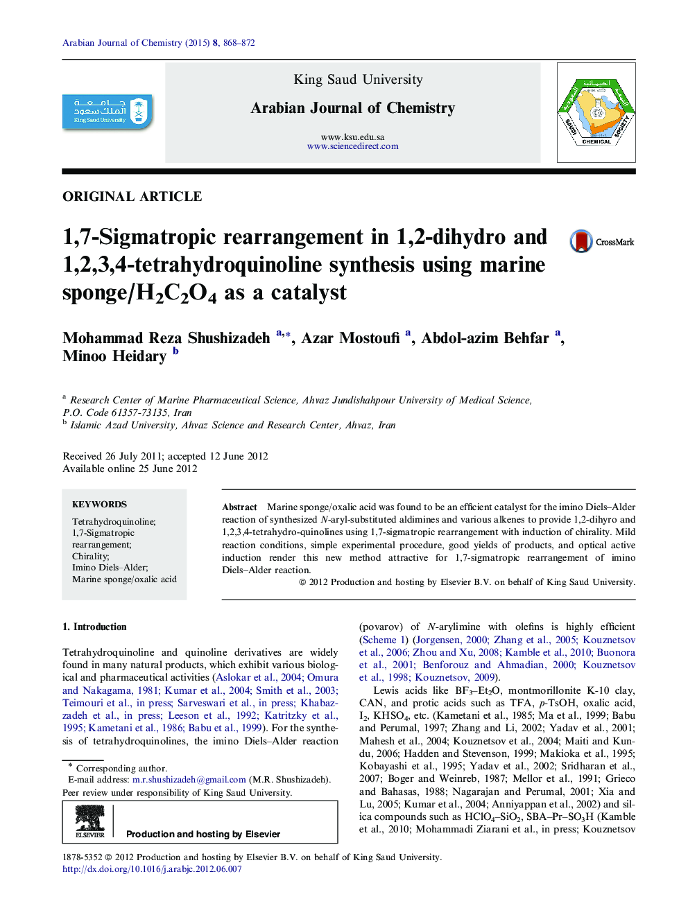 1,7-Sigmatropic rearrangement in 1,2-dihydro and 1,2,3,4-tetrahydroquinoline synthesis using marine sponge/H2C2O4 as a catalyst 