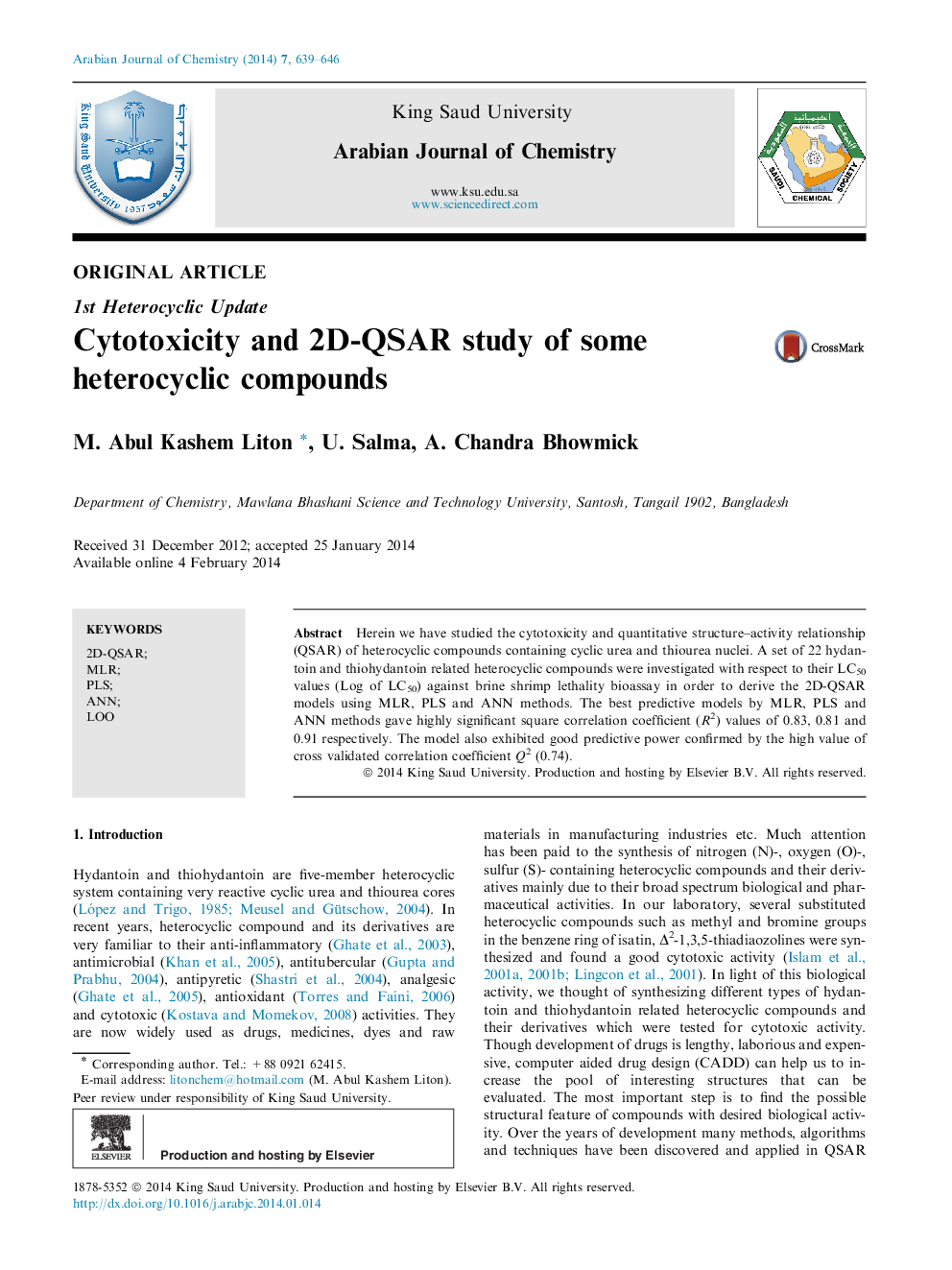 Cytotoxicity and 2D-QSAR study of some heterocyclic compounds 