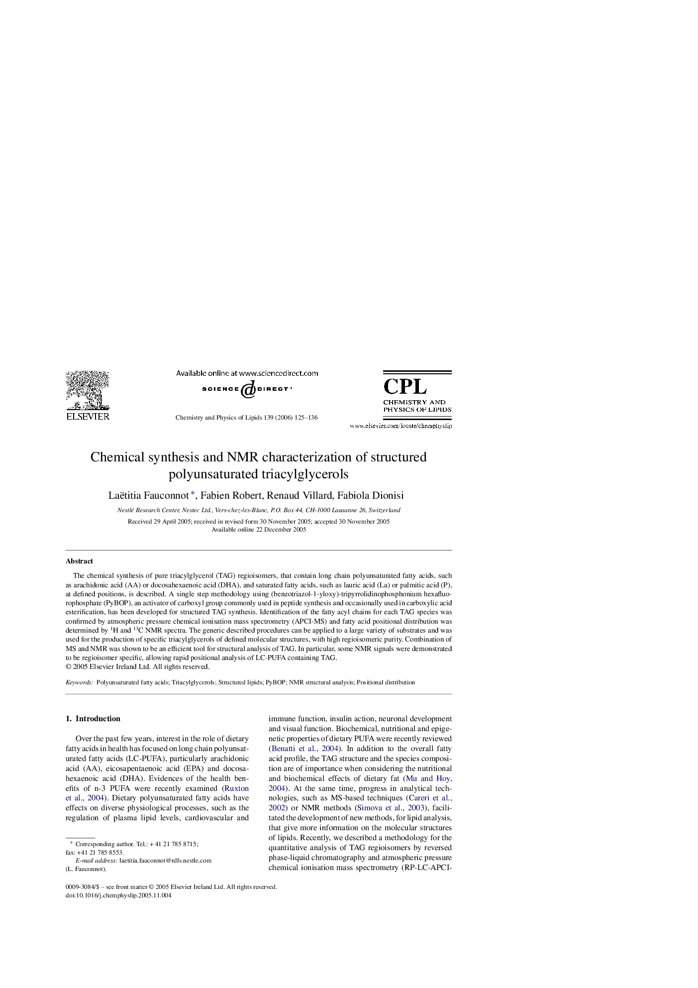 Chemical synthesis and NMR characterization of structured polyunsaturated triacylglycerols