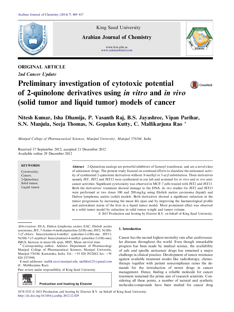 Preliminary investigation of cytotoxic potential of 2-quinolone derivatives using in vitro and in vivo (solid tumor and liquid tumor) models of cancer 