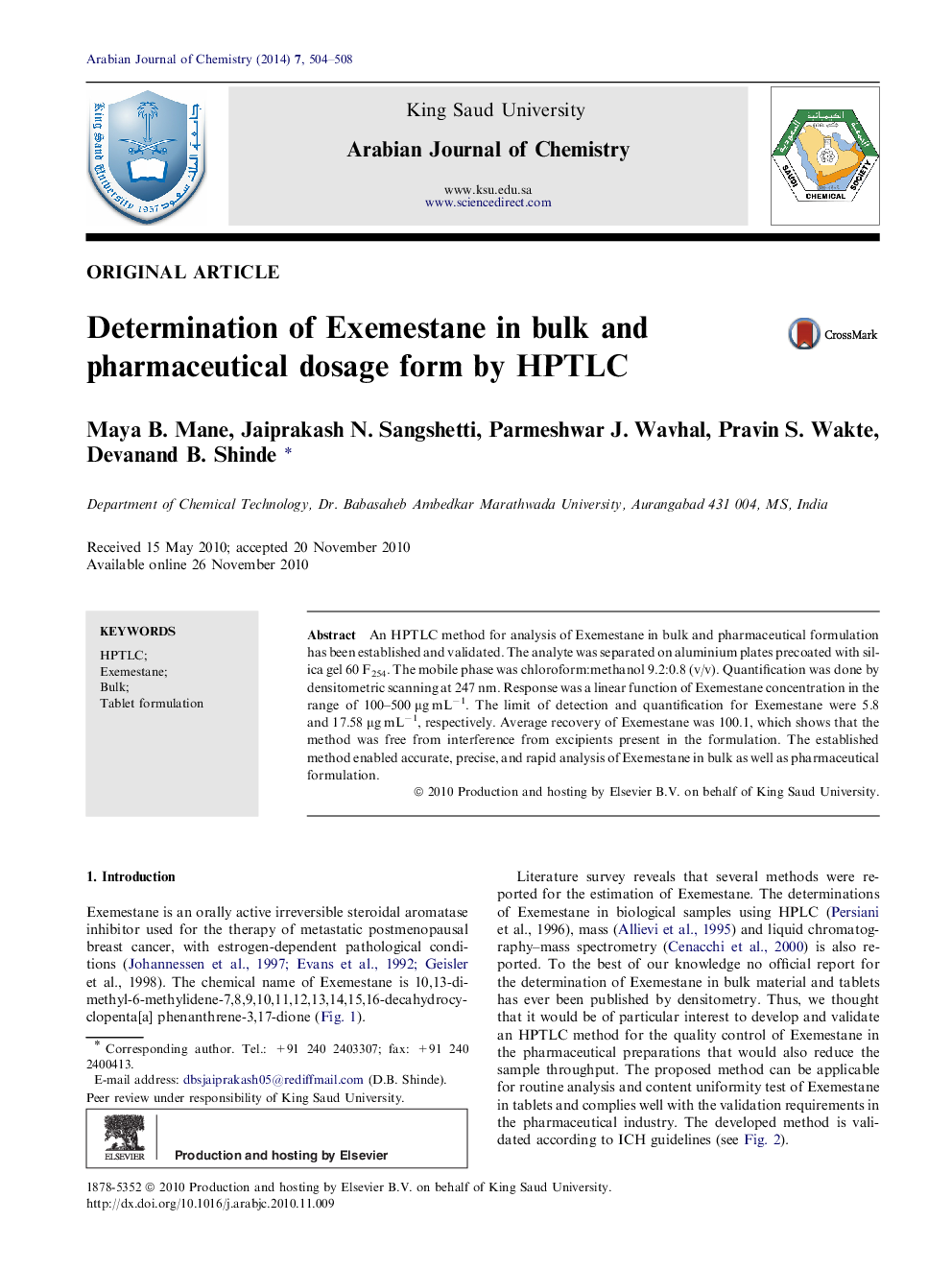 Determination of Exemestane in bulk and pharmaceutical dosage form by HPTLC 