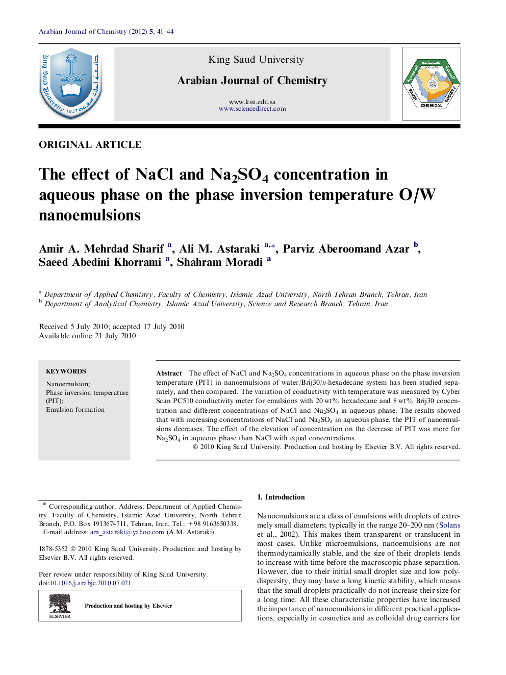 The effect of NaCl and Na2SO4 concentration in aqueous phase on the phase inversion temperature O/W nanoemulsions 