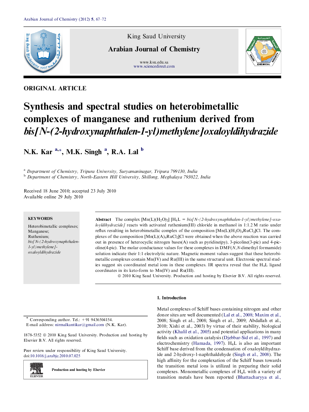 Synthesis and spectral studies on heterobimetallic complexes of manganese and ruthenium derived from bis[N-(2-hydroxynaphthalen-1-yl)methylene]oxaloyldihydrazide 