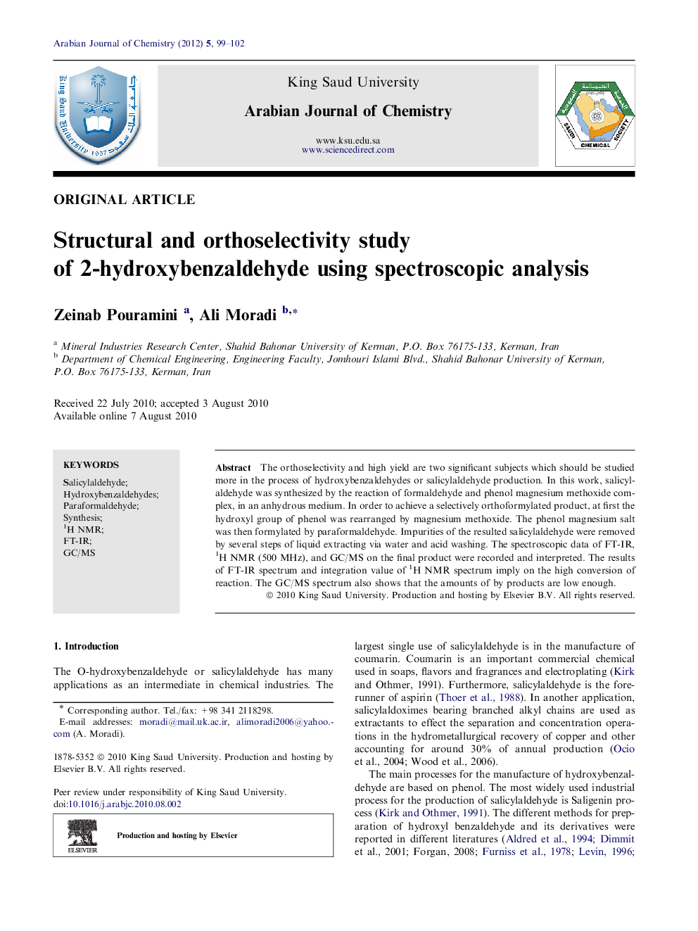 عکس صفحه اول مقاله: Structural and orthoselectivity study of 2-hydroxybenzaldehyde using spectroscopic analysis Structural and orthoselectivity study of 2-hydroxybenzaldehyde using spectroscopic analysis