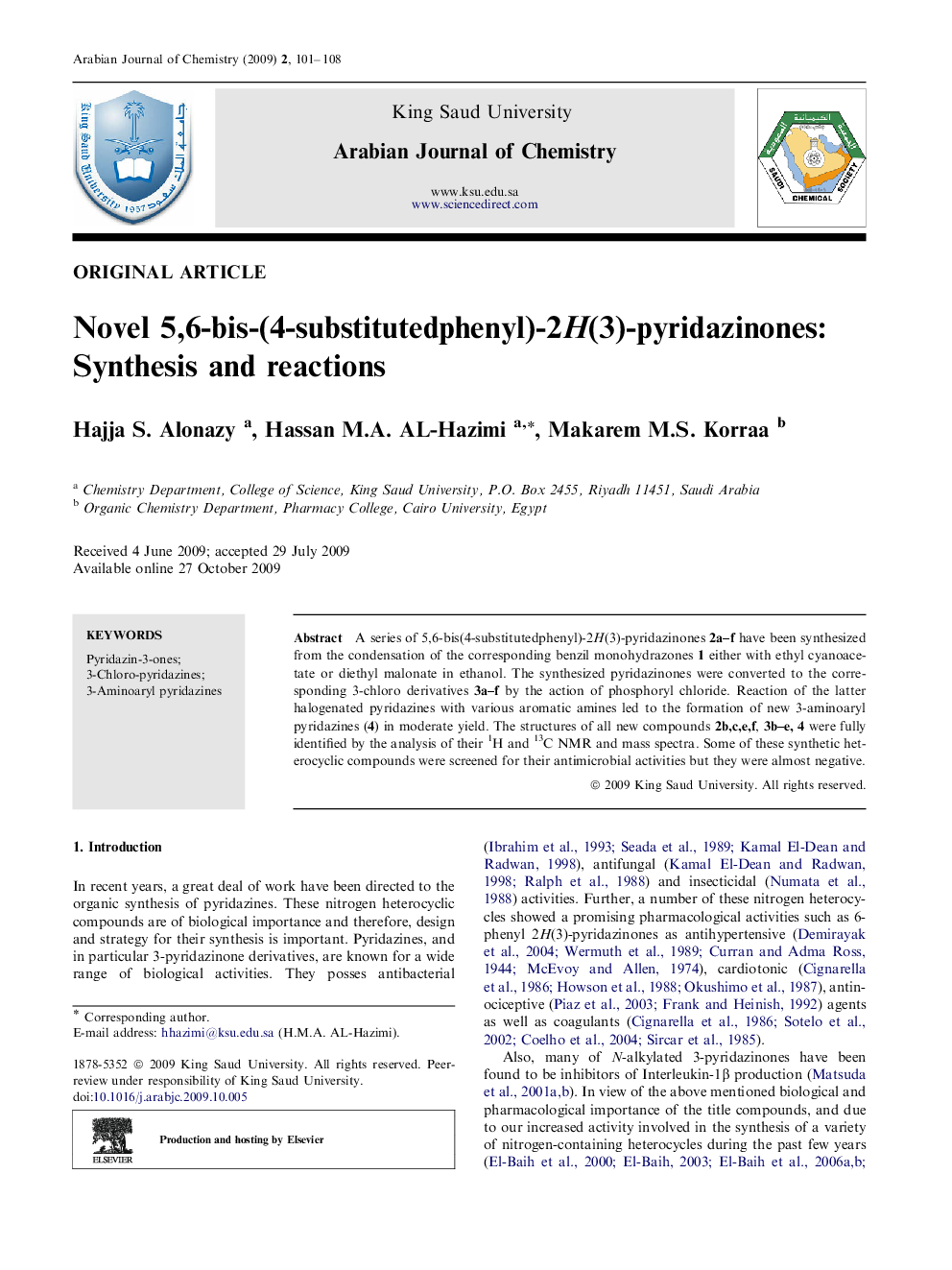 Novel 5,6-bis-(4-substitutedphenyl)-2H(3)-pyridazinones: Synthesis and reactions 