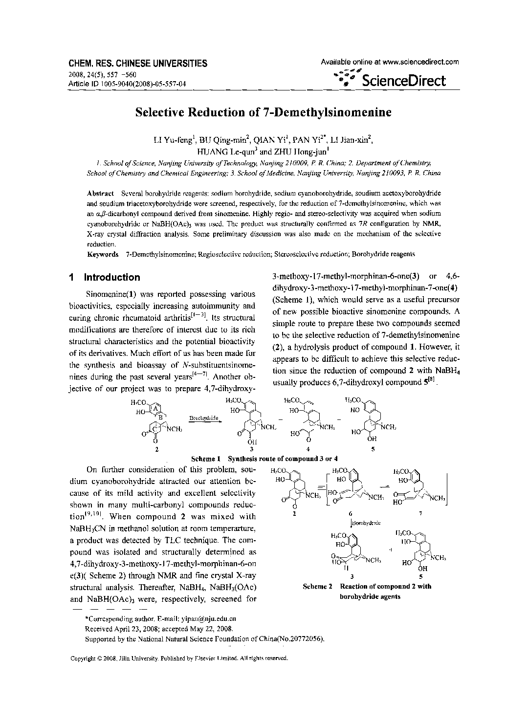 Selective Reduction of 7-Demethylsinomenine