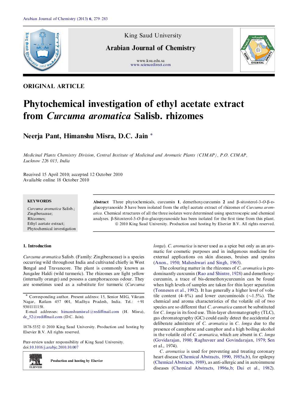 Phytochemical investigation of ethyl acetate extract from Curcuma aromatica Salisb. rhizomes 