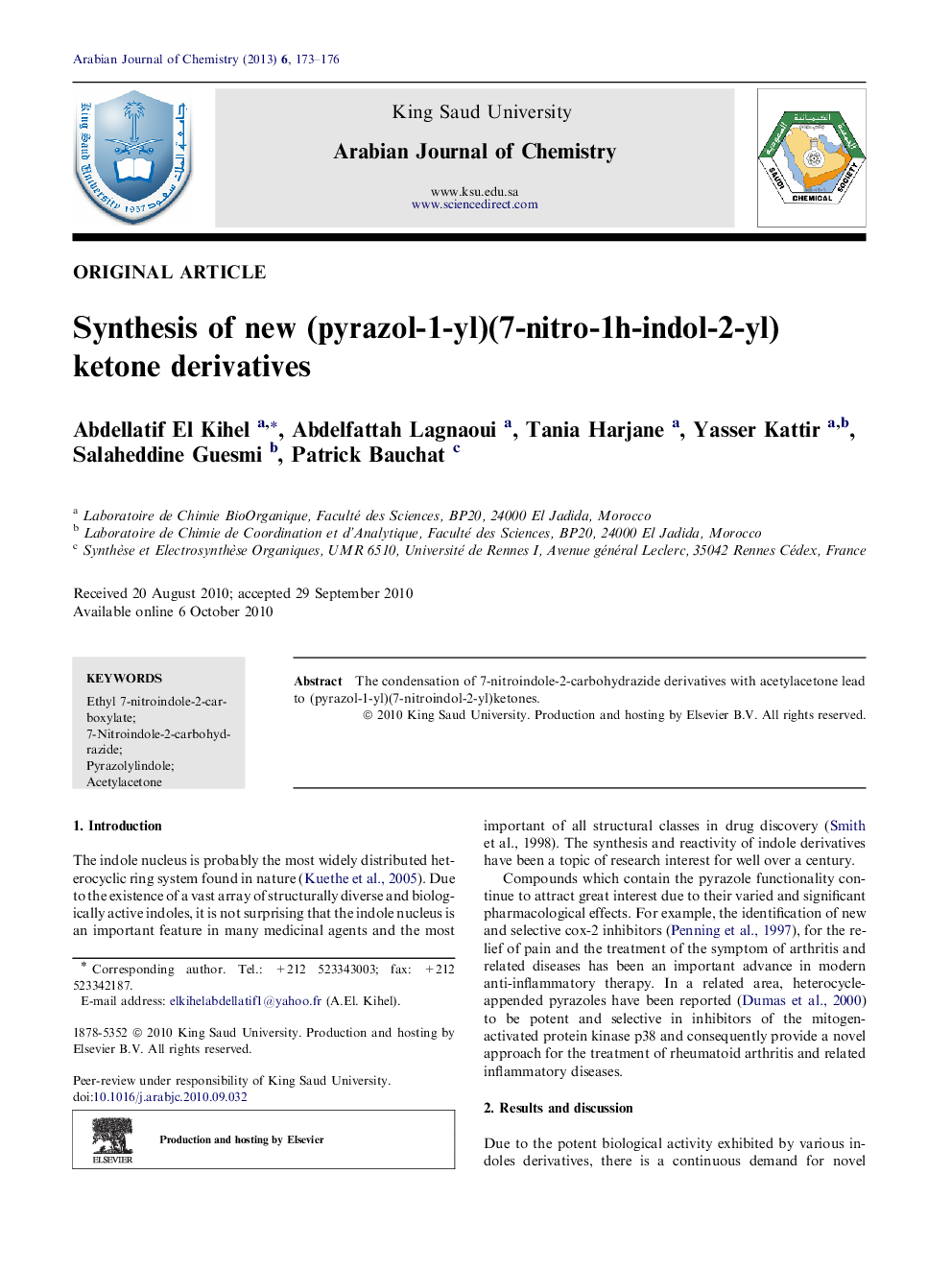 Synthesis of new (pyrazol-1-yl)(7-nitro-1h-indol-2-yl)ketone derivatives 