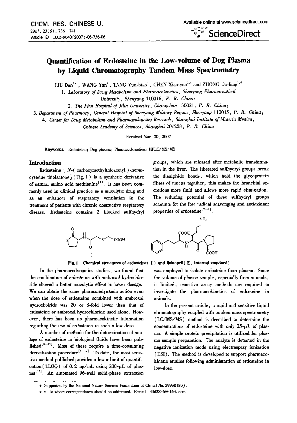 Quantification of Erdosteine in the Low-volume of Dog Plasma by Liquid Chromatography Tandem Mass Spectrometry