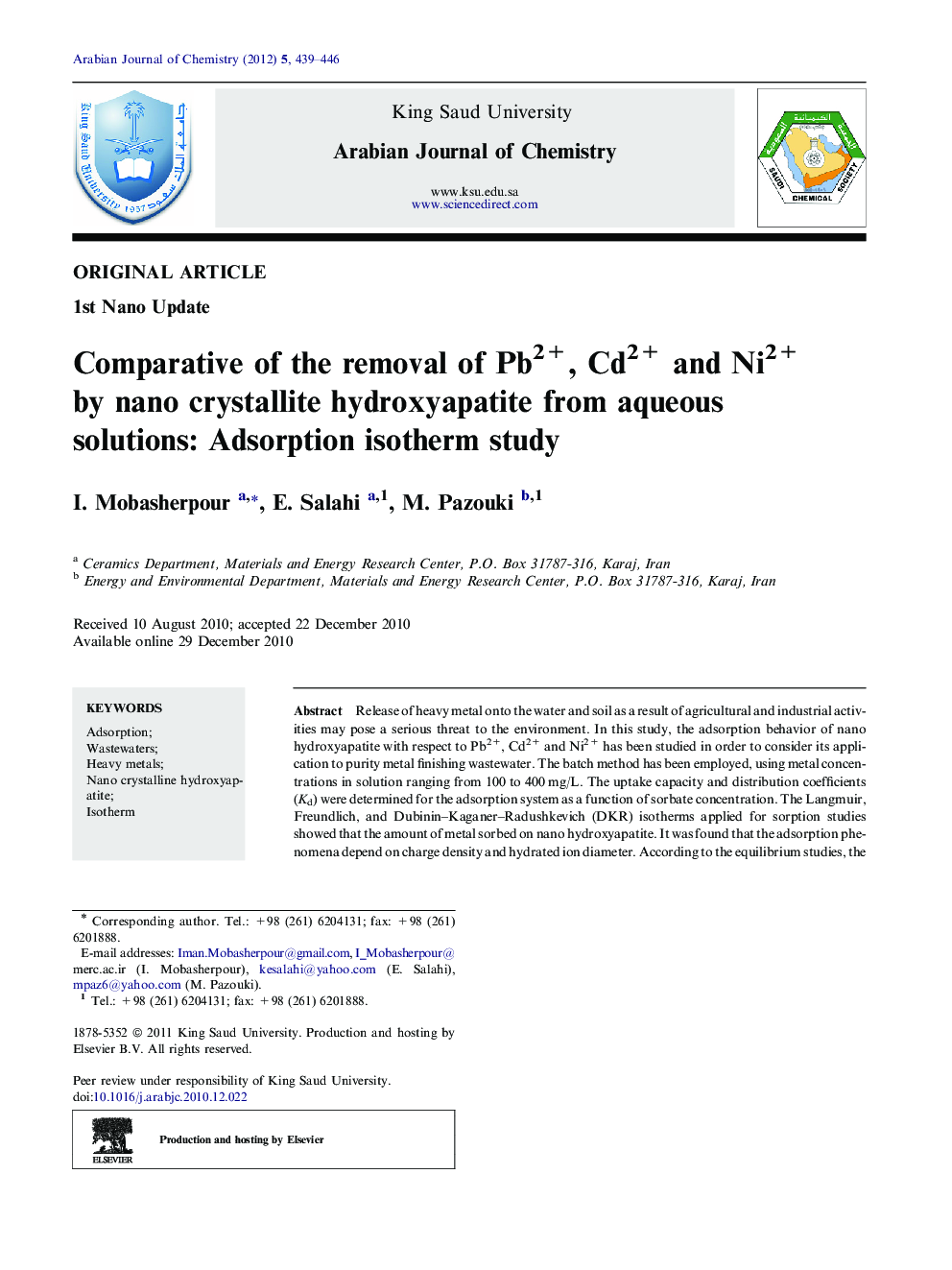 Comparative of the removal of Pb2+, Cd2+ and Ni2+ by nano crystallite hydroxyapatite from aqueous solutions: Adsorption isotherm study 