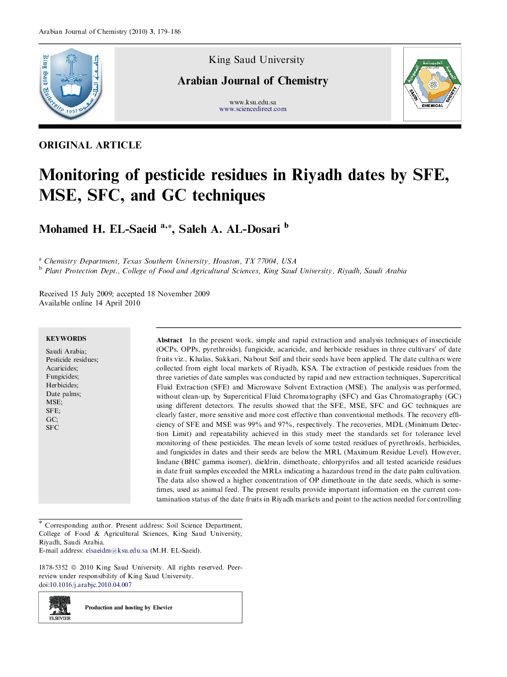 Monitoring of pesticide residues in Riyadh dates by SFE, MSE, SFC, and GC techniques 